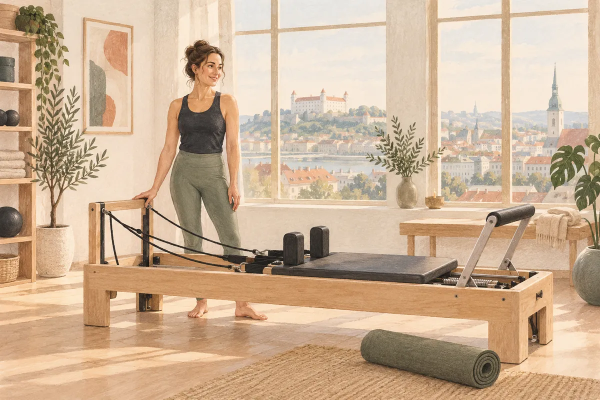 Ilustrácia pokojného pilates priestoru s reformerom a podložkou